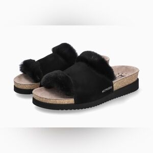 Mephisto Women's Black Fur-Trim Slide Sandal